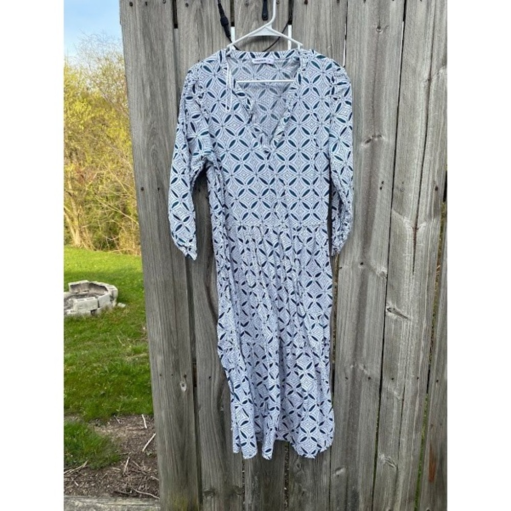 Woolworths Teal White Geometric Tile Print Midi Dress Split‎ Neck Womens Medium